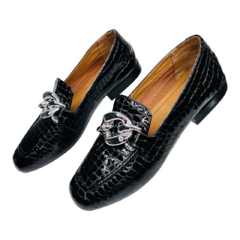 Donald J. Pliner Bristol Black Patent Croc Embossed Leather Loafer  Flats